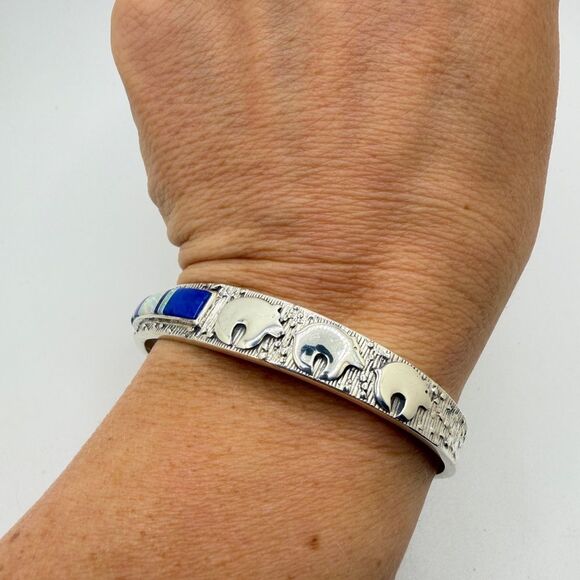 Amazing Vintage Possible Navajo Triple Bear, Lapis/Opal cuff bracelet in 925! - Picture 3 of 10
